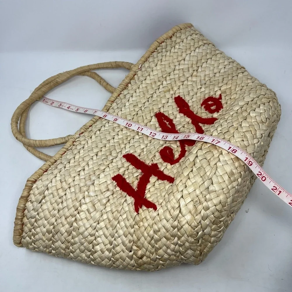 Straw Tote Bag Womens Large Raffia Hello Embroidery Pom Pom Tassel Beach Resort‎